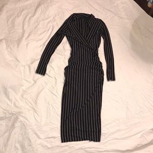 Pin stripe stretchy long black dress with collar.